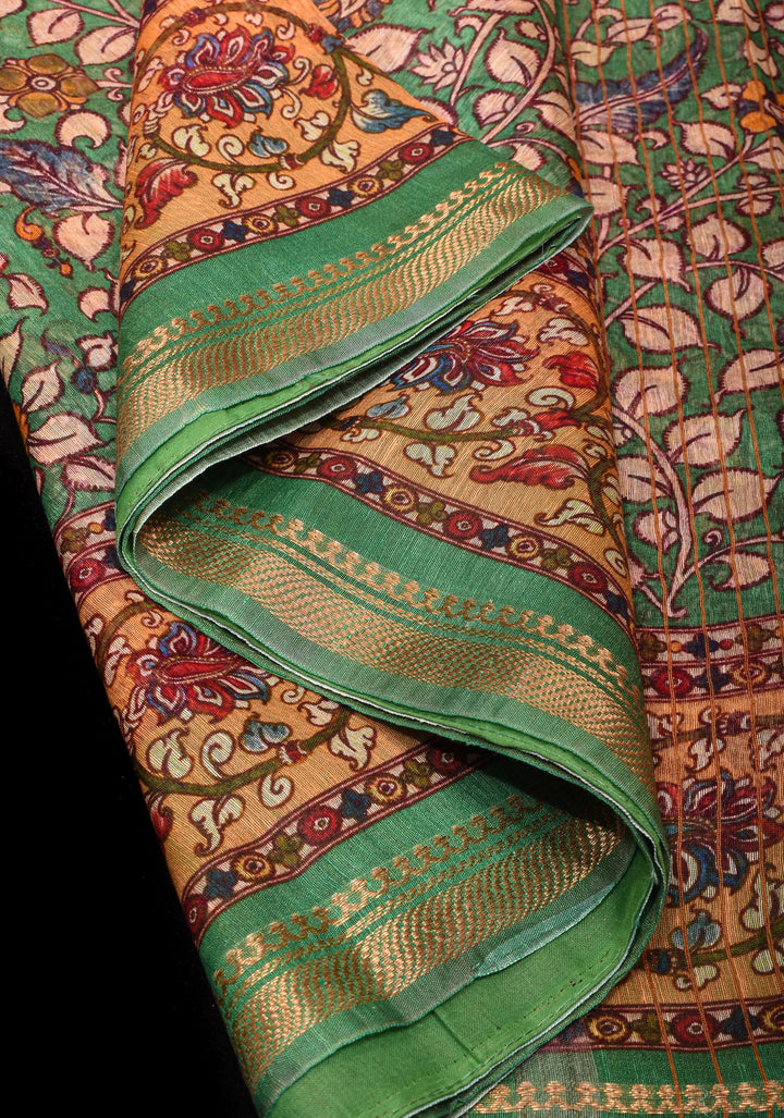 Distressed Kalamkari Digital Print on Silk Linen in Green