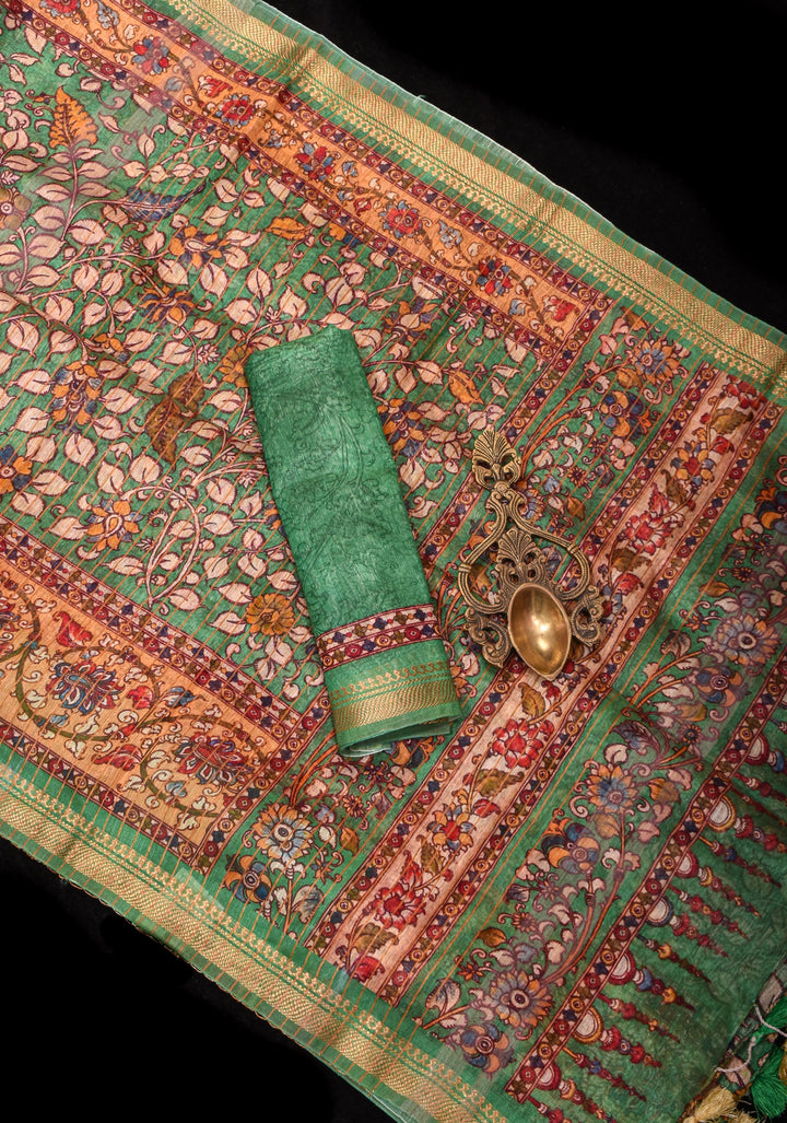 Distressed Kalamkari Digital Print on Silk Linen in Green