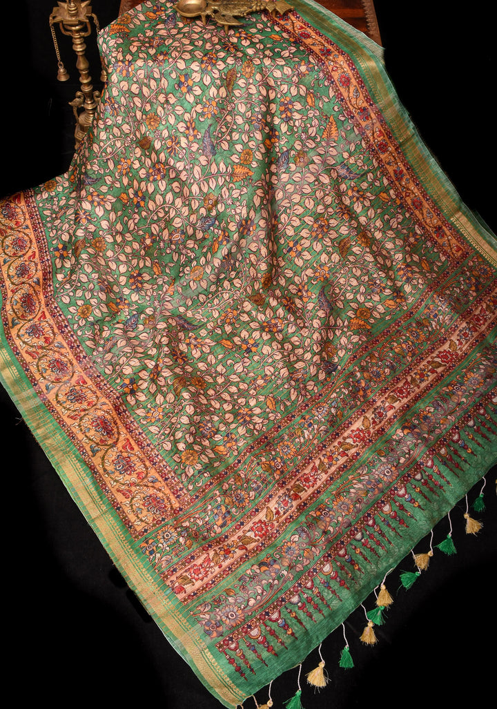 Distressed Kalamkari Digital Print on Silk Linen in Green