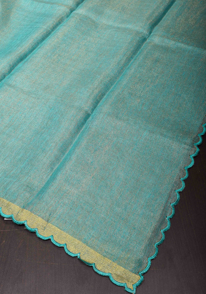 Sea Green Scalloped Tissue Linen Saree and Golden border