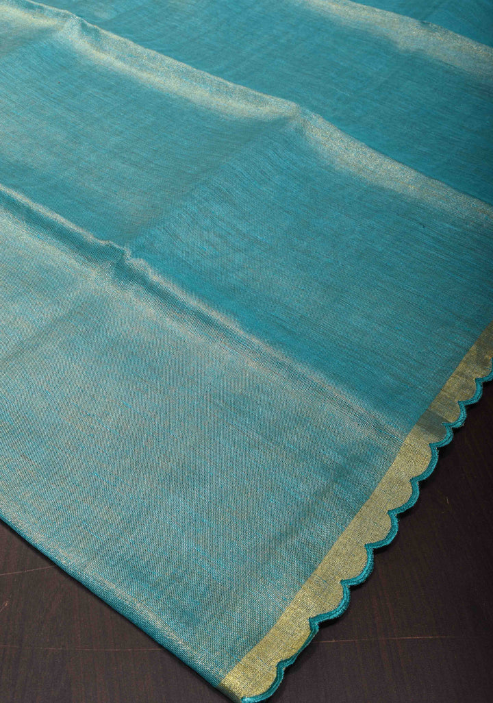 Sea Green Scalloped Tissue Linen Saree and Golden border