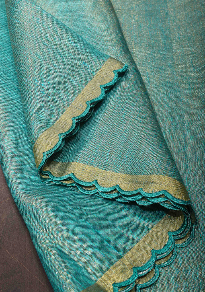 Sea Green Scalloped Tissue Linen Saree and Golden border