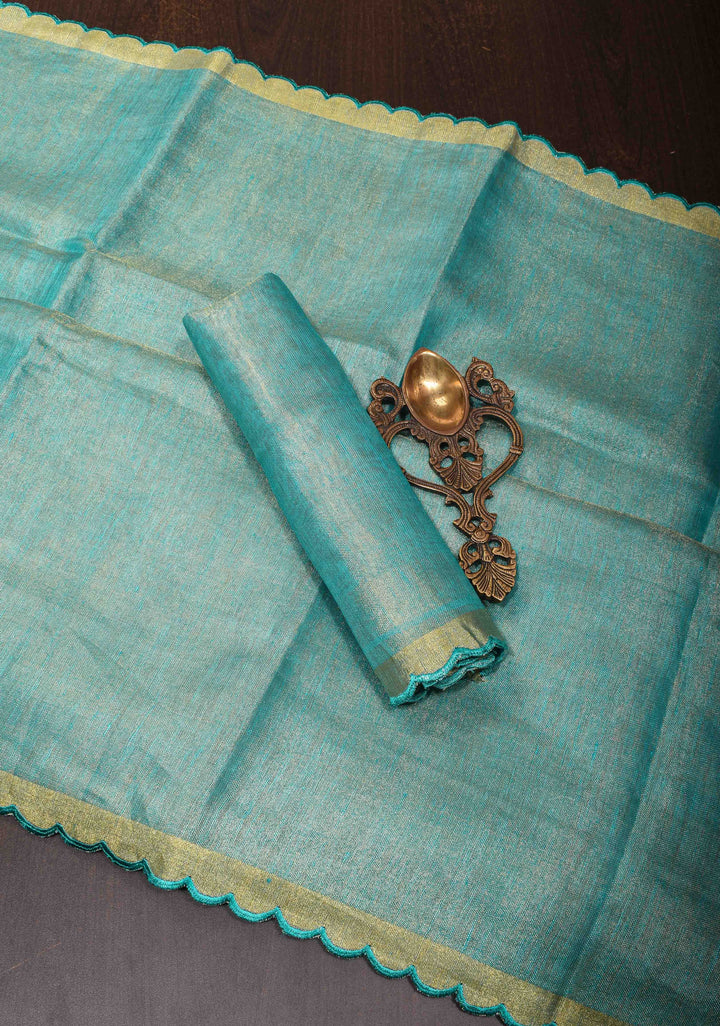 Sea Green Scalloped Tissue Linen Saree and Golden border