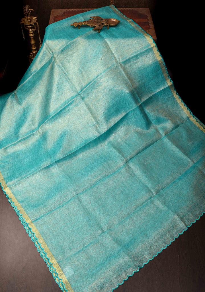Sea Green Scalloped Tissue Linen Saree and Golden border