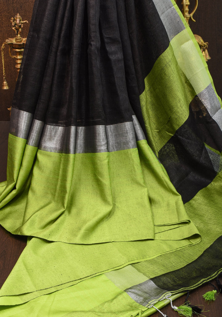 pre order Black and Leaf Green Wide Border Linen by Linen Saree