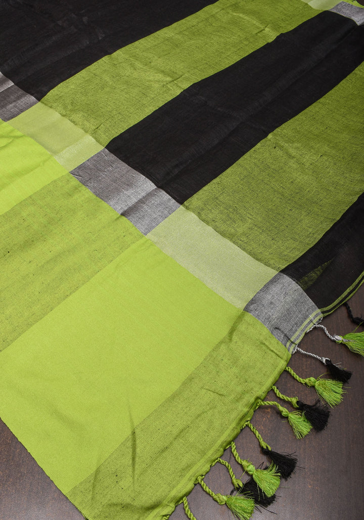 pre order Black and Leaf Green Wide Border Linen by Linen Saree