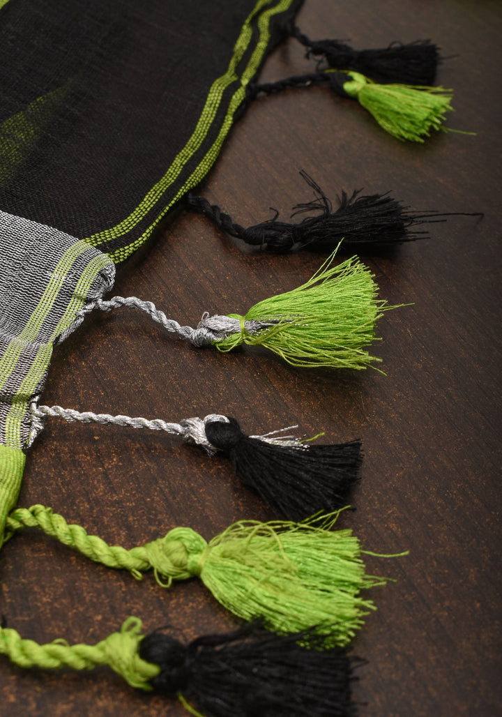 pre order Black and Leaf Green Wide Border Linen by Linen Saree