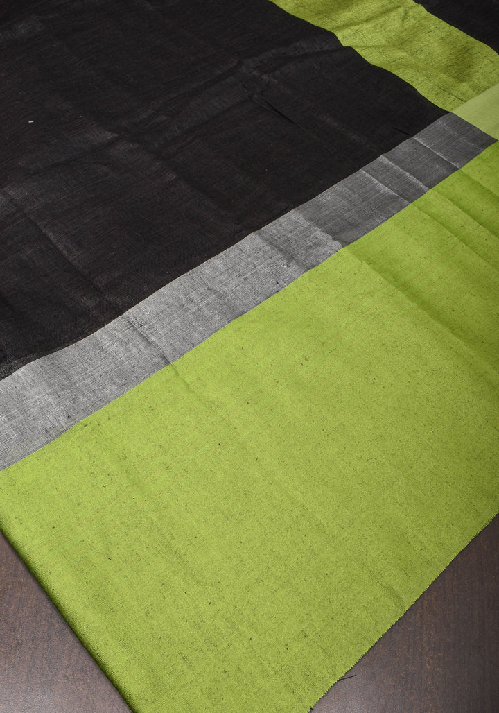 pre order Black and Leaf Green Wide Border Linen by Linen Saree