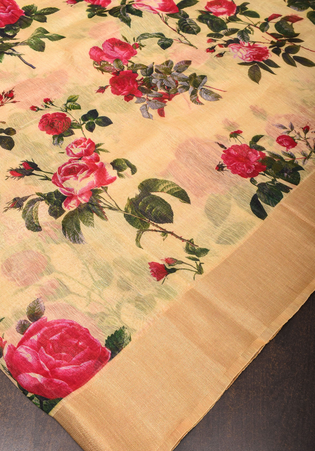 Cream Silk Linen Saree with Floral Digital Print