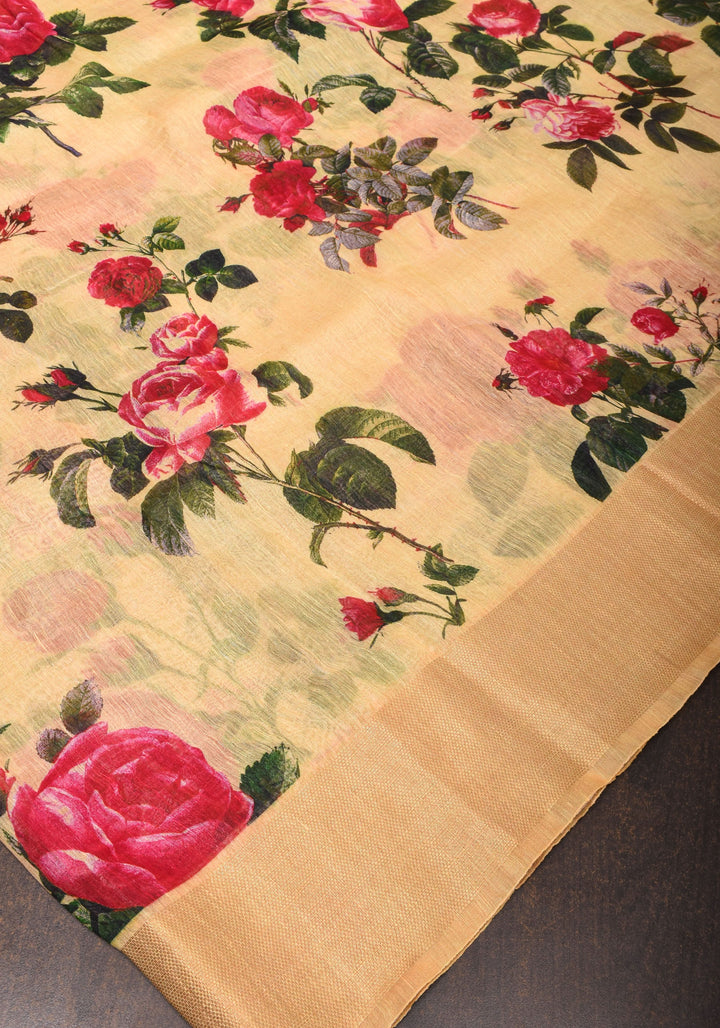 Cream Silk Linen Saree with Floral Digital Print