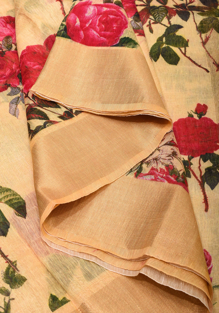 Cream Silk Linen Saree with Floral Digital Print