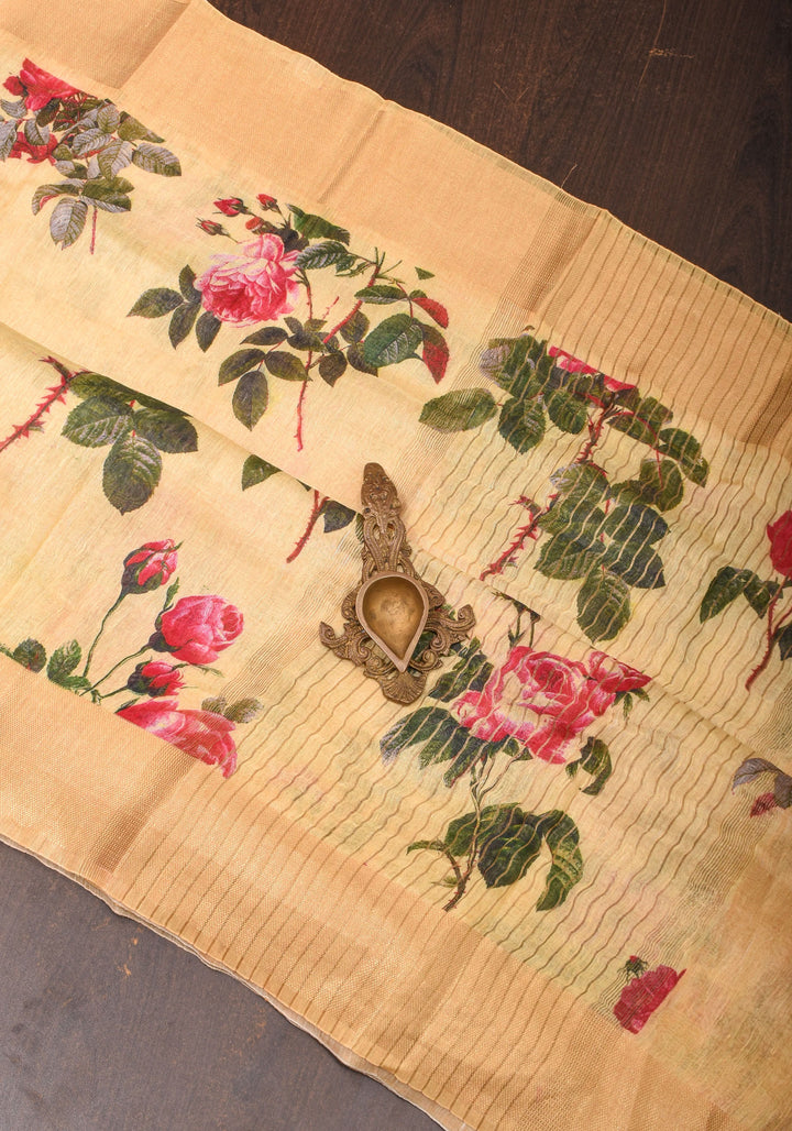 Cream Silk Linen Saree with Floral Digital Print