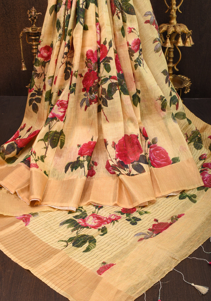 Cream Silk Linen Saree with Floral Digital Print