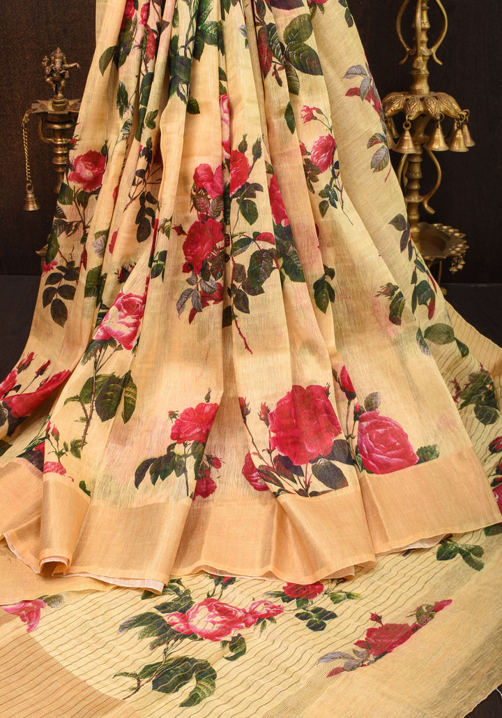Cream Silk Linen Saree with Floral Digital Print