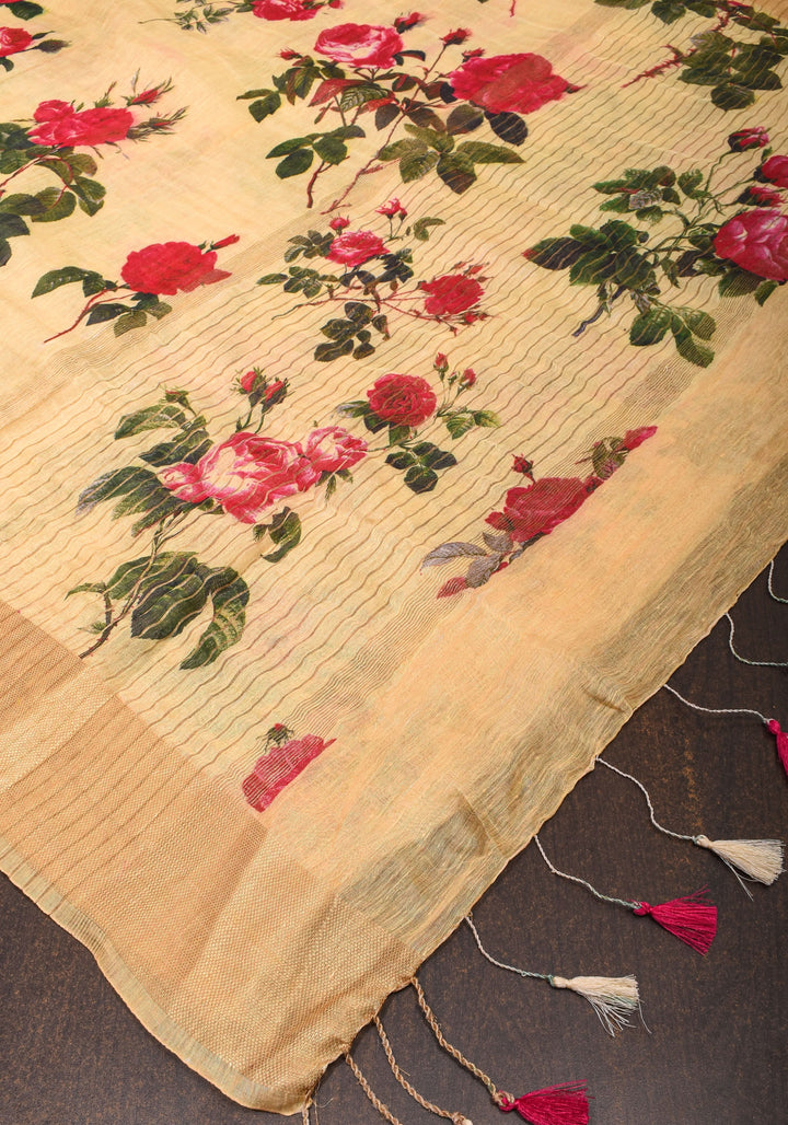 Cream Silk Linen Saree with Floral Digital Print