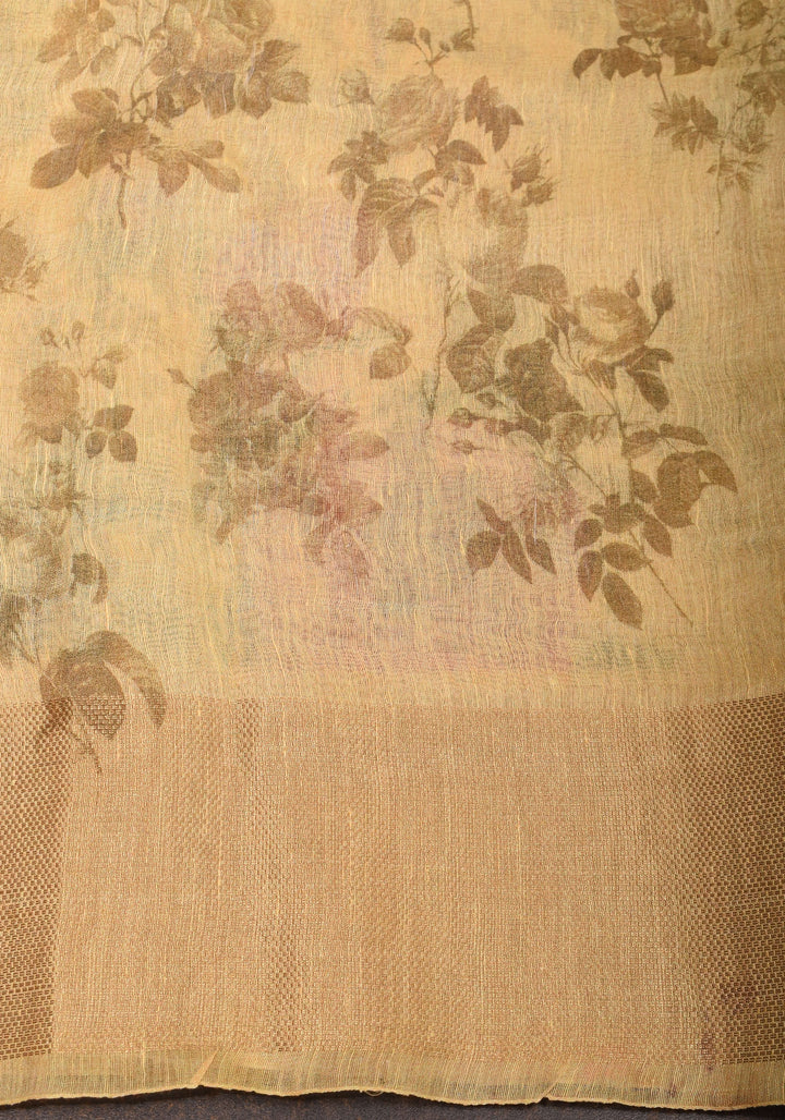 Cream Silk Linen Saree with Floral Digital Print