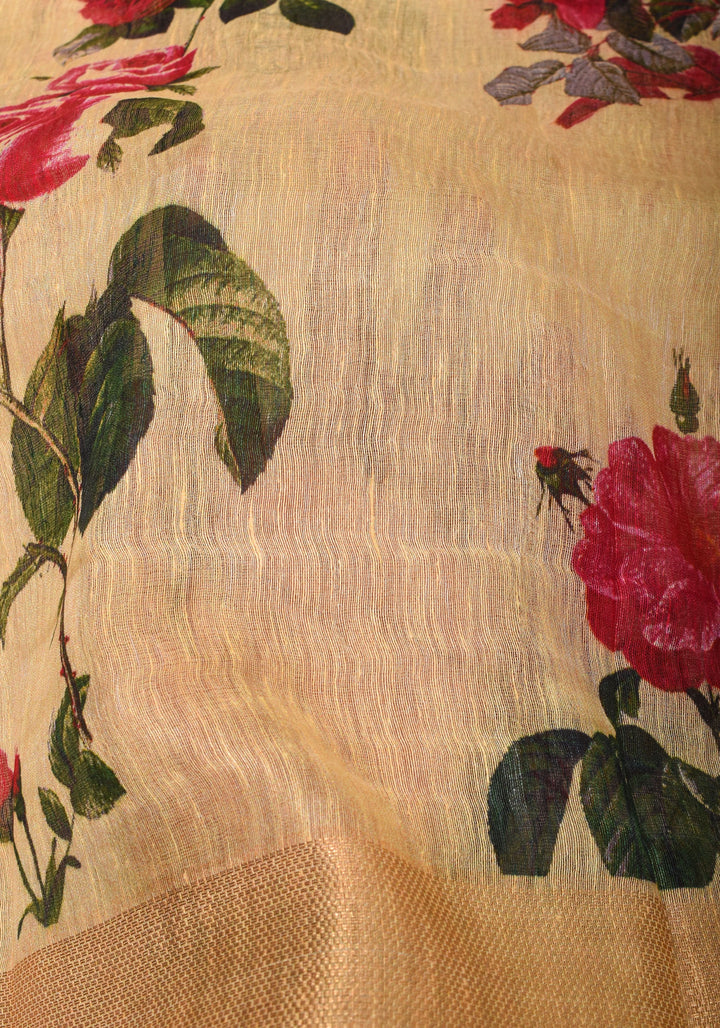 Cream Silk Linen Saree with Floral Digital Print