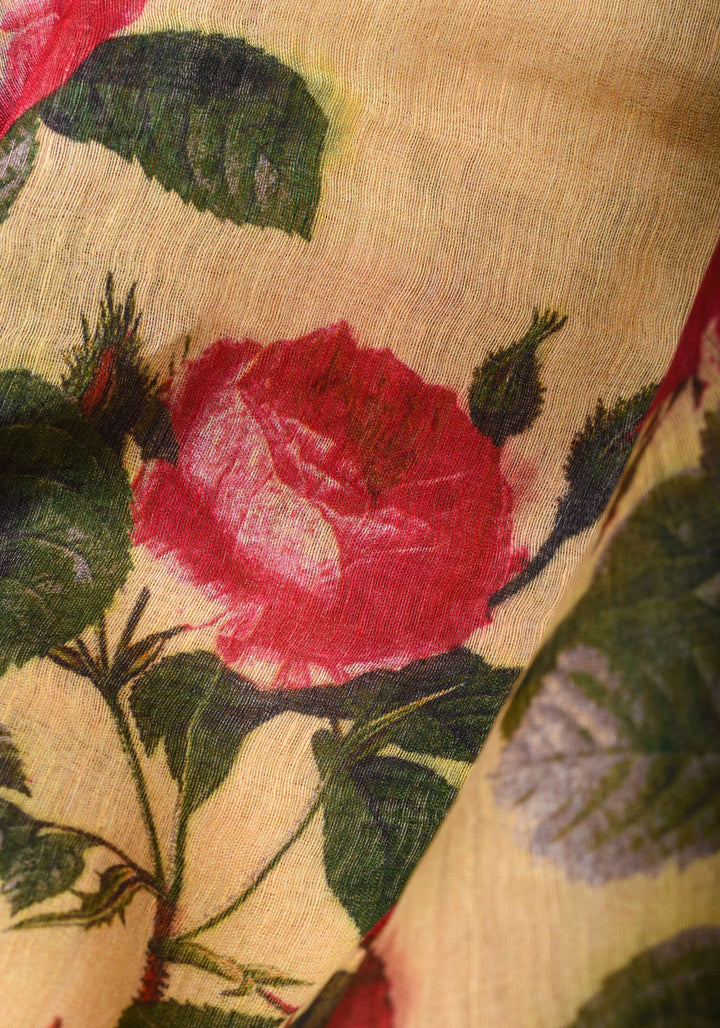 Cream Silk Linen Saree with Floral Digital Print