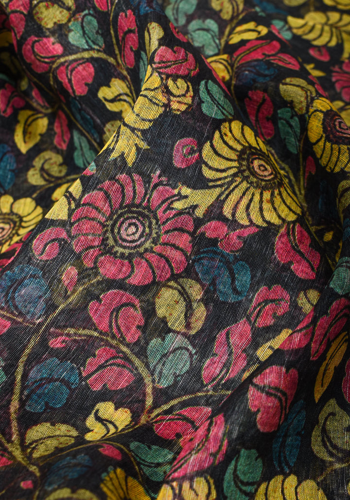 Black Green Silk Linen Saree with Floral Digital print With Orange Zari Border