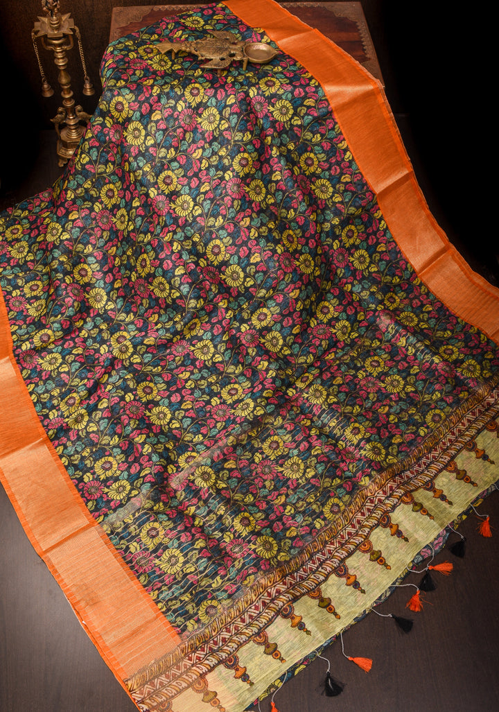 Black Green Silk Linen Saree with Floral Digital print With Orange Zari Border