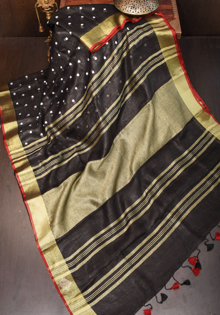 Shobitam Exclusive Celebrity Loving Hearts Embroidered Black Pure Linen Saree