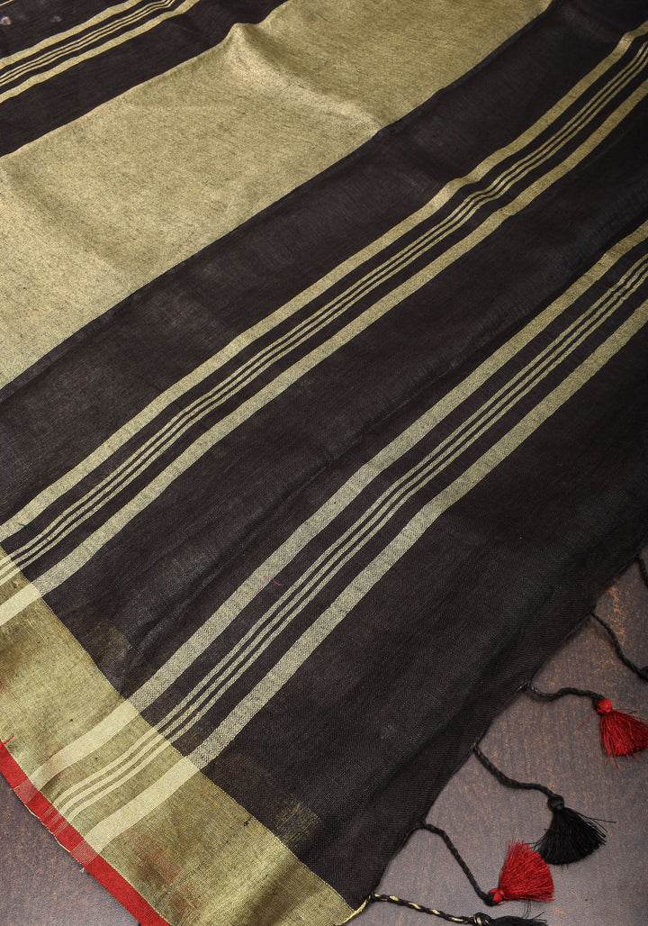 Shobitam Exclusive Celebrity Loving Hearts Embroidered Black Pure Linen Saree