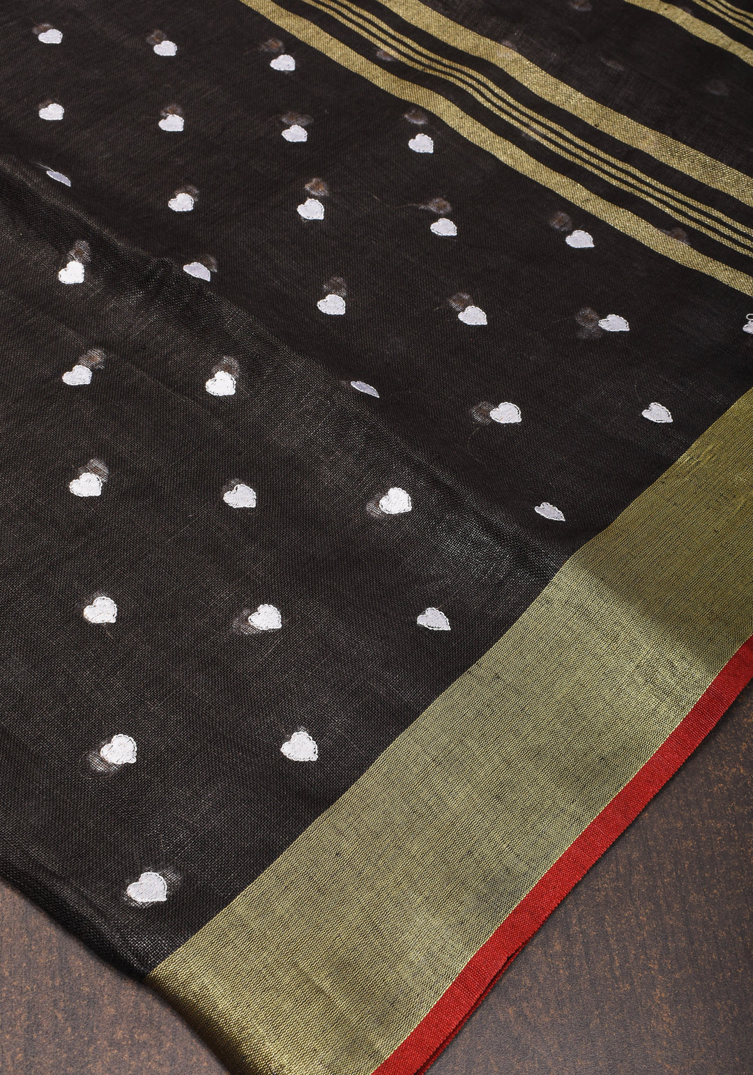 Shobitam Exclusive Celebrity Loving Hearts Embroidered Black Pure Linen Saree
