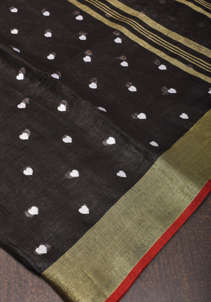 Shobitam Exclusive Celebrity Loving Hearts Embroidered Black Pure Linen Saree