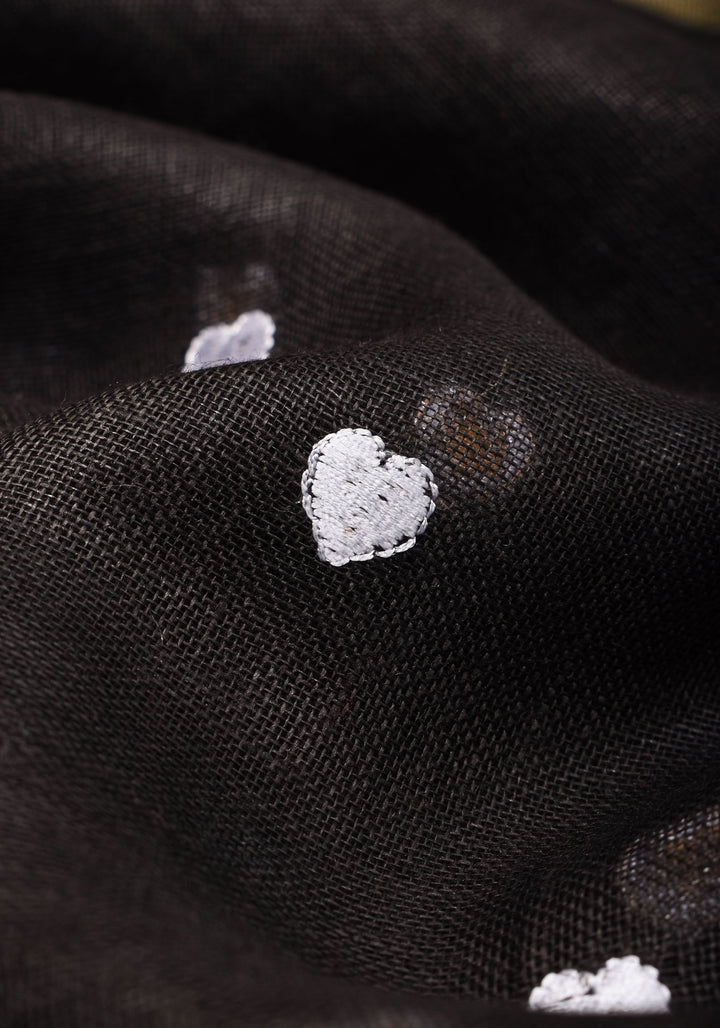 Shobitam Exclusive Celebrity Loving Hearts Embroidered Black Pure Linen Saree