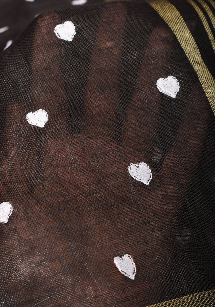 Shobitam Exclusive Celebrity Loving Hearts Embroidered Black Pure Linen Saree