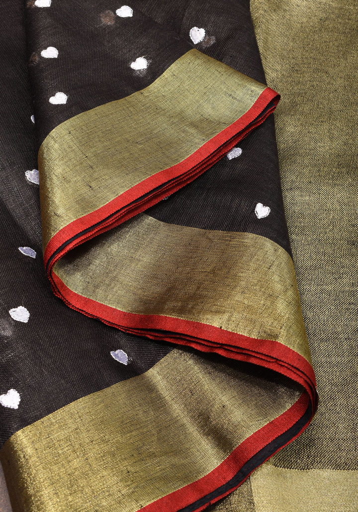Shobitam Exclusive Celebrity Loving Hearts Embroidered Black Pure Linen Saree