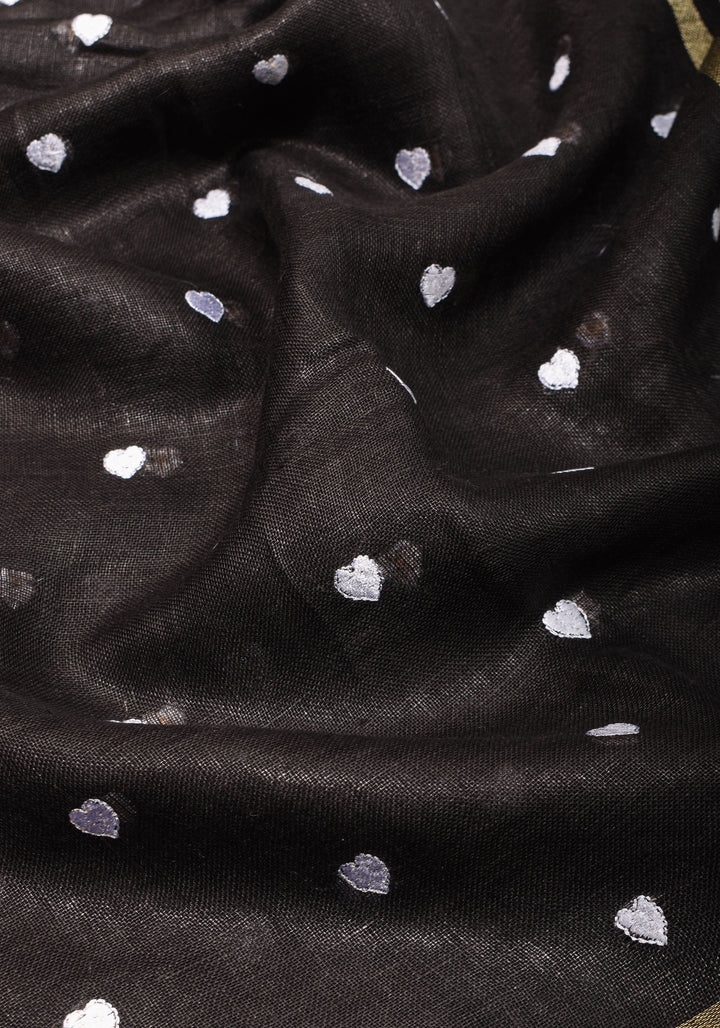 Shobitam Exclusive Celebrity Loving Hearts Embroidered Black Pure Linen Saree