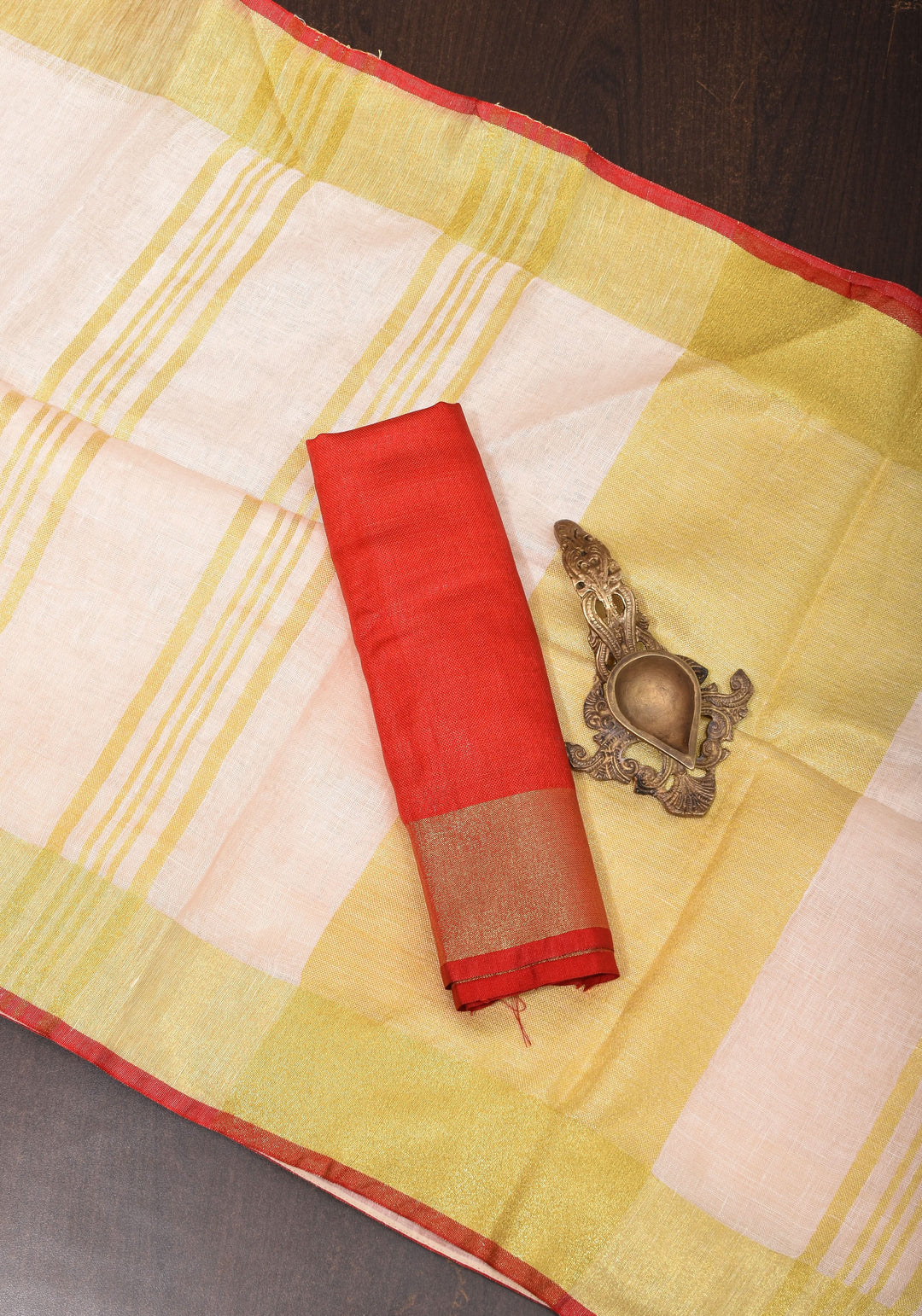 Ivory Linen by Linen saree with Red-Gold Border