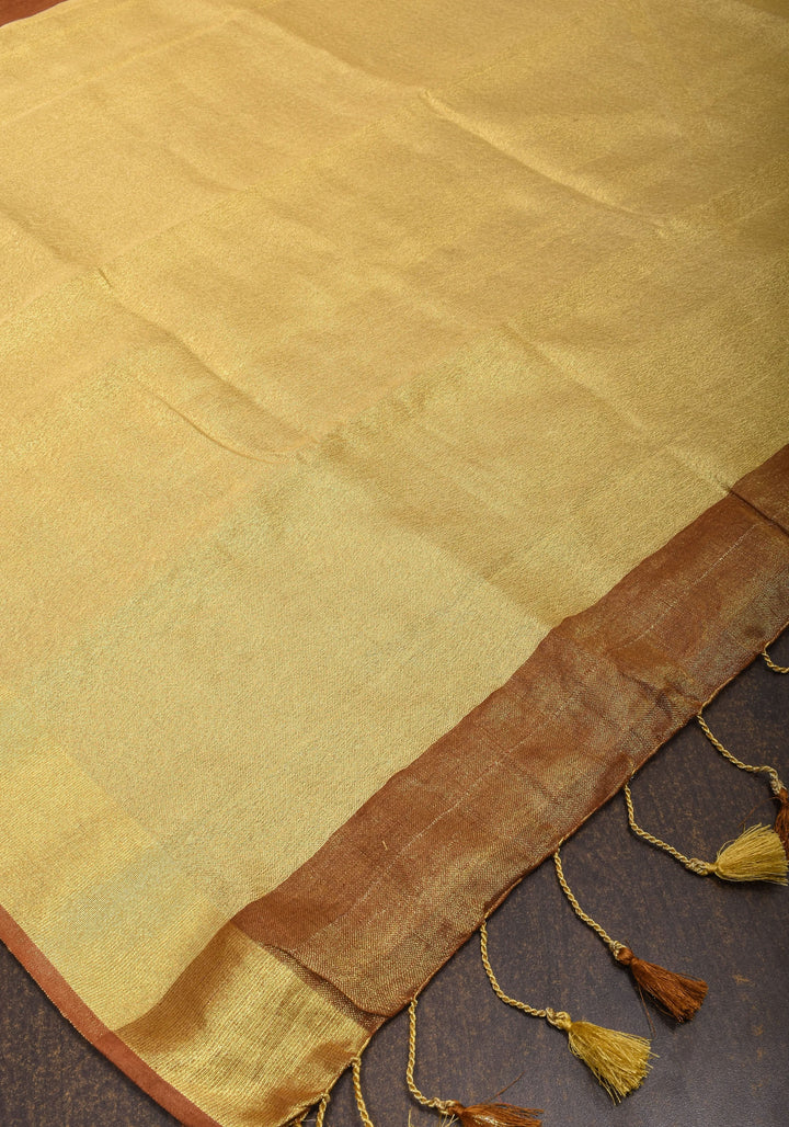 Caramel and Gold Tissue Linen Saree with Zari Border and long tassels | SHOBITAM