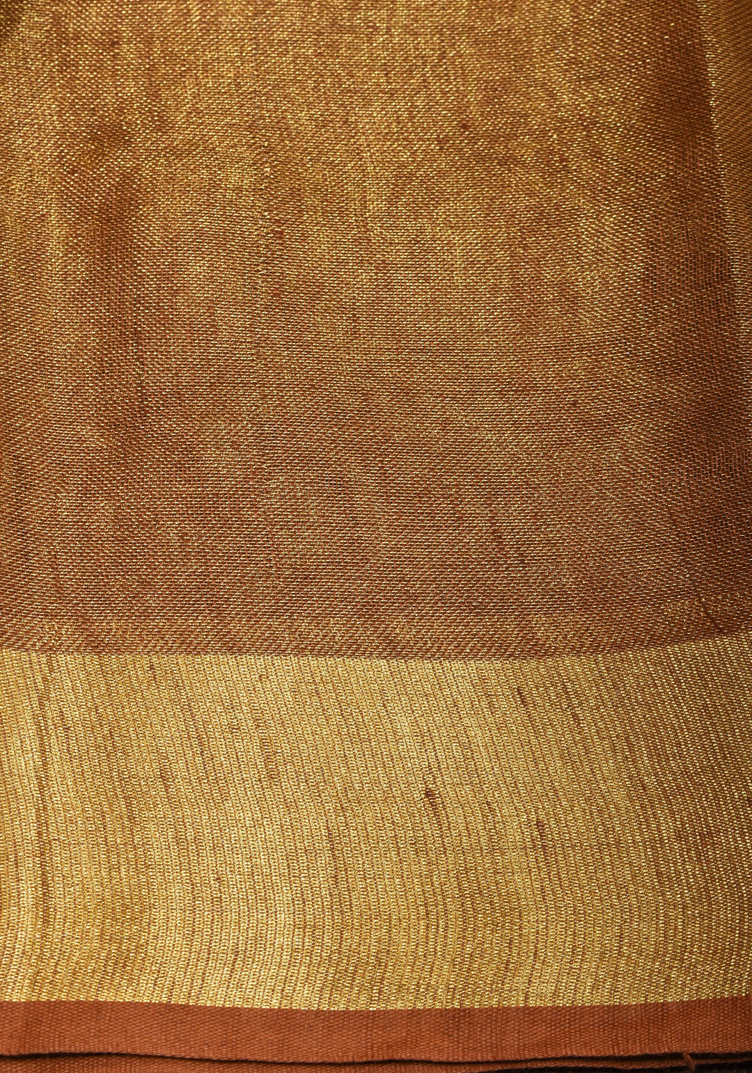 Caramel and Gold Tissue Linen Saree with Zari Border and long tassels | SHOBITAM