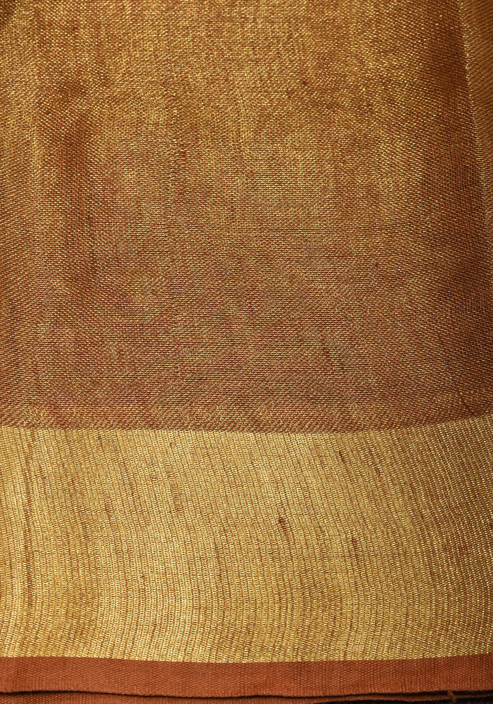Caramel and Gold Tissue Linen Saree with Zari Border and long tassels | SHOBITAM