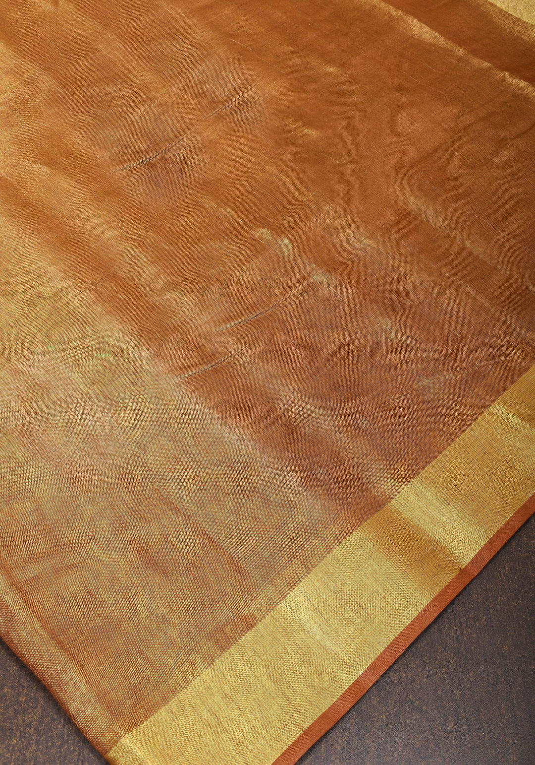Caramel and Gold Tissue Linen Saree with Zari Border and long tassels | SHOBITAM