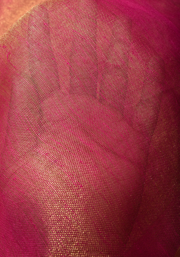 Tissue Linen Saree in Pink with  Minimal zari Border