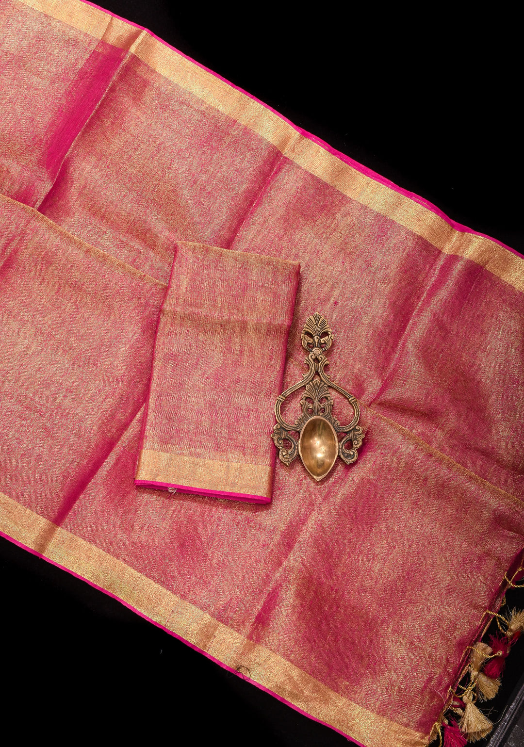 Tissue Linen Saree in Pink with  Minimal zari Border