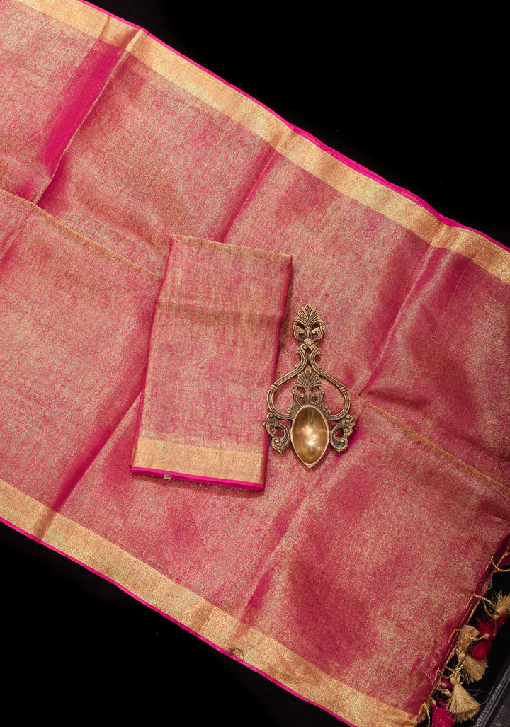 Tissue Linen Saree in Pink with  Minimal zari Border