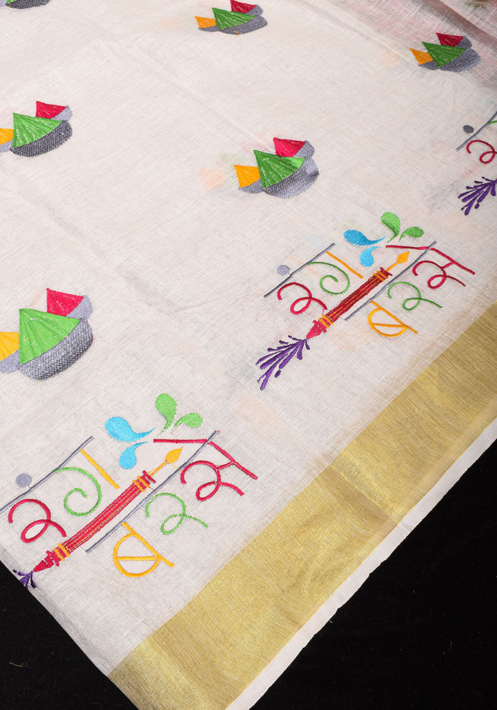 Rang Barse: Holi Theme Embroidered Linen Saree with Rang and Pichkari motifs! Vidya Balan Special Holi Saree