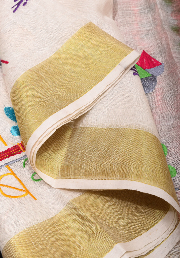 Rang Barse: Holi Theme Embroidered Linen Saree with Rang and Pichkari motifs! Vidya Balan Special Holi Saree