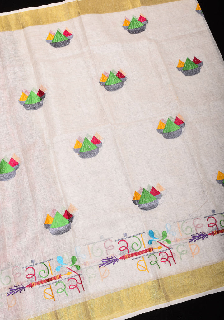 Rang Barse: Holi Theme Embroidered Linen Saree with Rang and Pichkari motifs! Vidya Balan Special Holi Saree