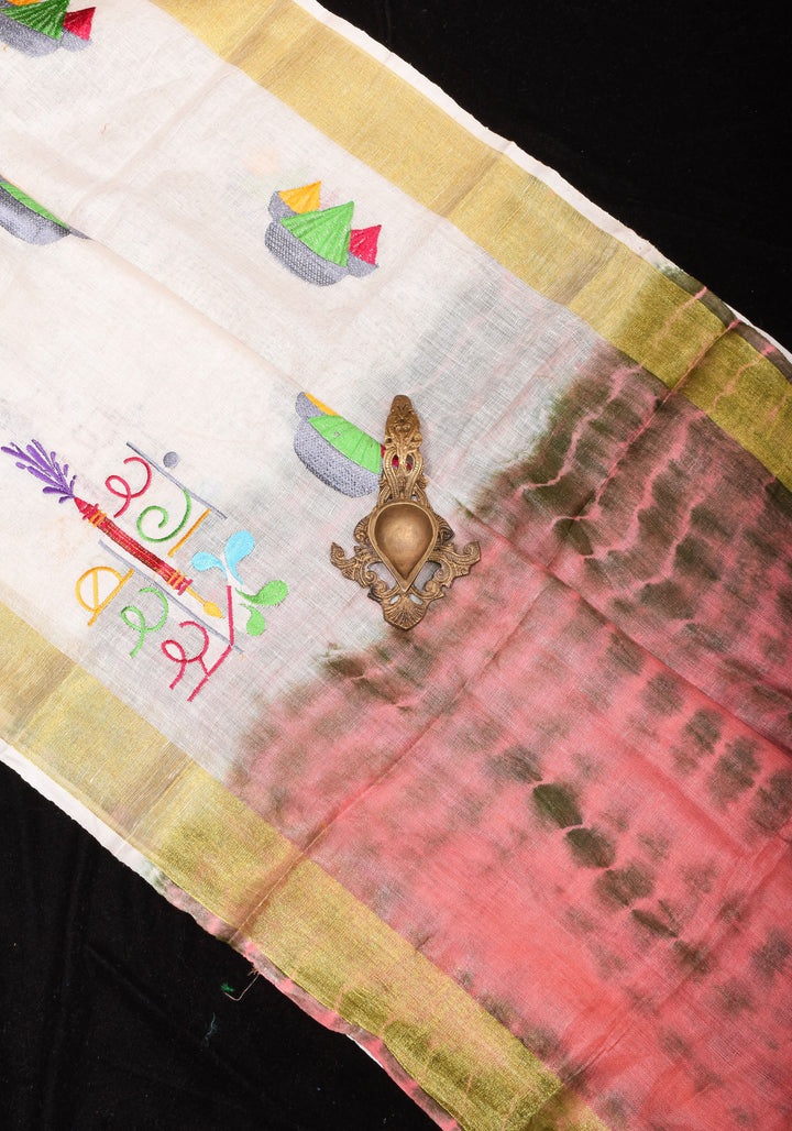 Rang Barse: Holi Theme Embroidered Linen Saree with Rang and Pichkari motifs! Vidya Balan Special Holi Saree
