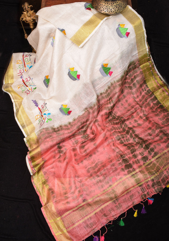 Rang Barse: Holi Theme Embroidered Linen Saree with Rang and Pichkari motifs! Vidya Balan Special Holi Saree