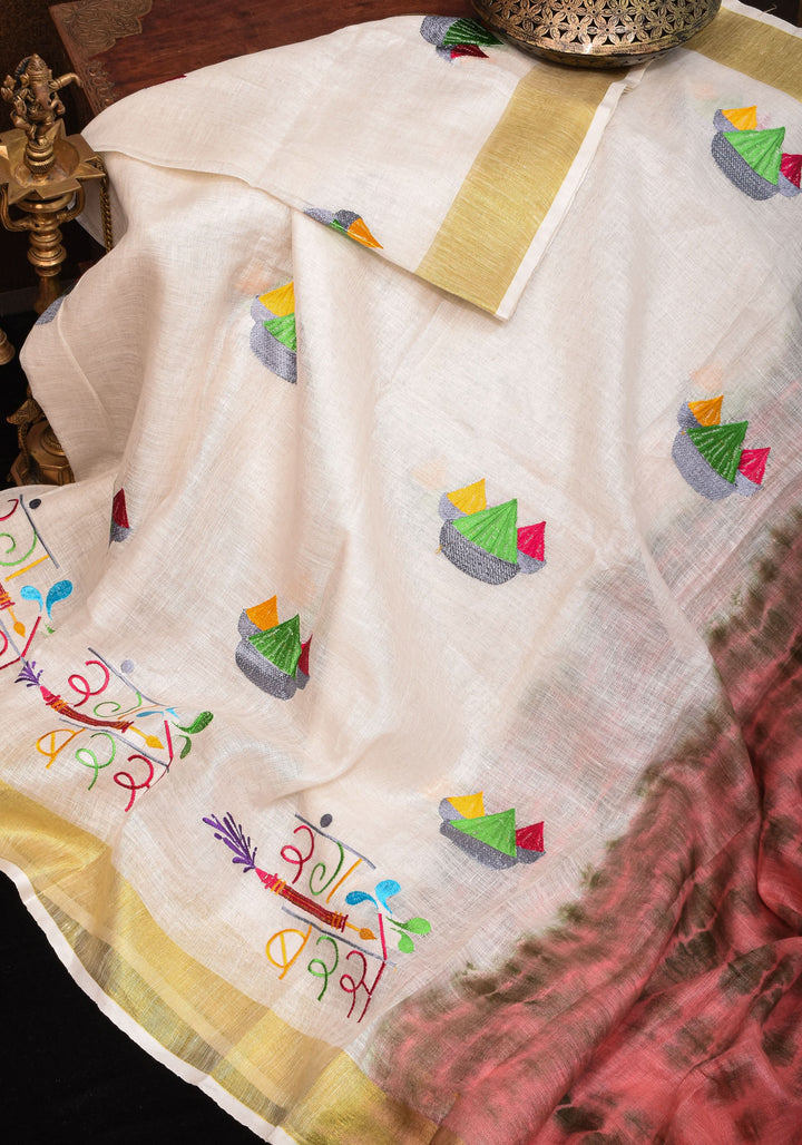 Rang Barse: Holi Theme Embroidered Linen Saree with Rang and Pichkari motifs! Vidya Balan Special Holi Saree