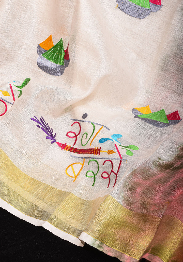 Rang Barse: Holi Theme Embroidered Linen Saree with Rang and Pichkari motifs! Vidya Balan Special Holi Saree