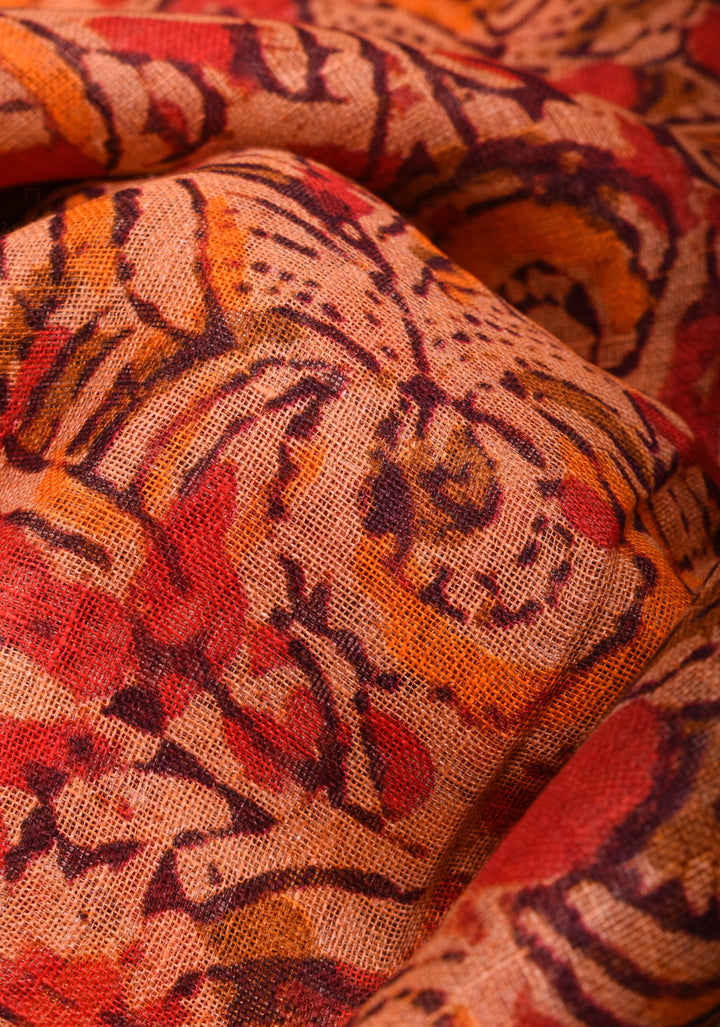 Orange Silk Linen Saree with Lord Ganesha Kalamkari Digital Print