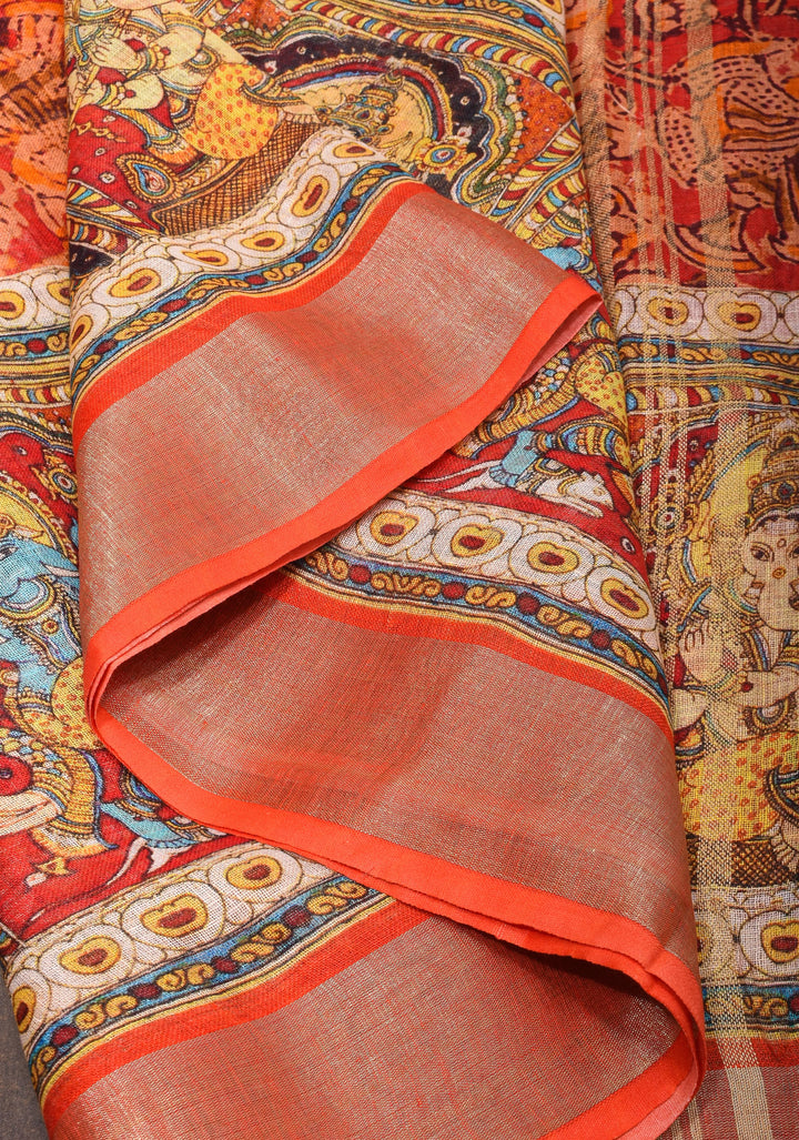 Orange Silk Linen Saree with Lord Ganesha Kalamkari Digital Print
