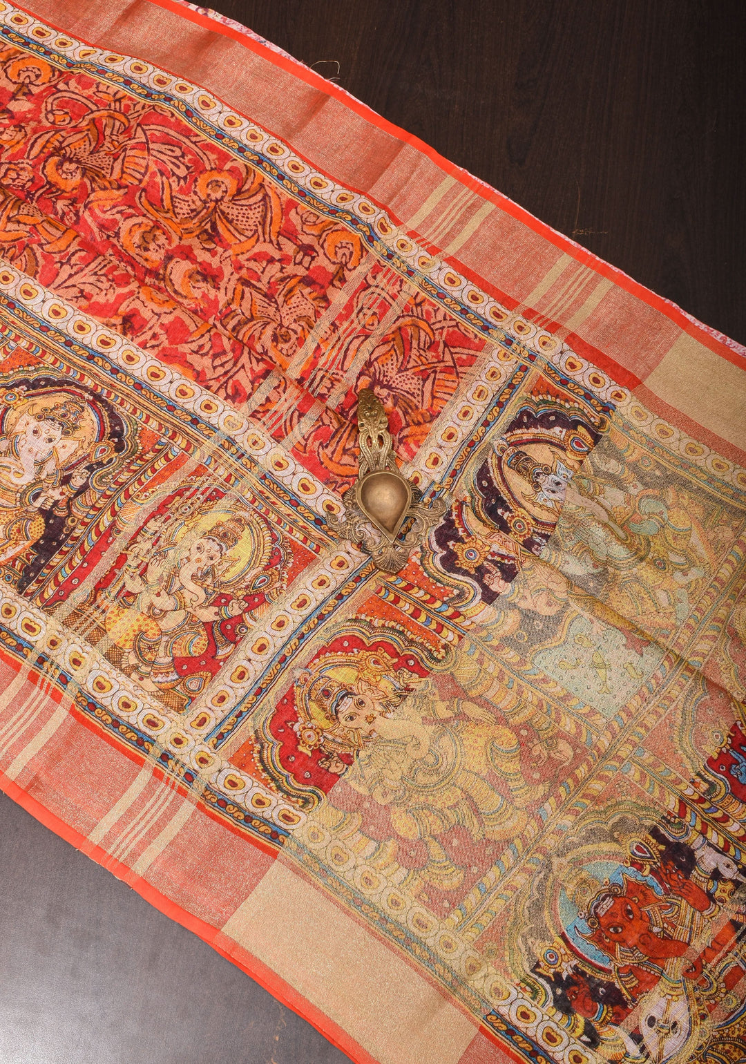 Orange Silk Linen Saree with Lord Ganesha Kalamkari Digital Print